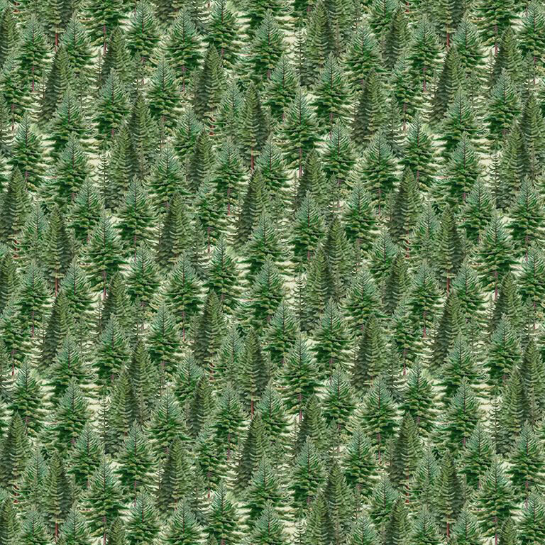 A green fabric with densely packed evergreen trees in varying sizes and shades of green.
