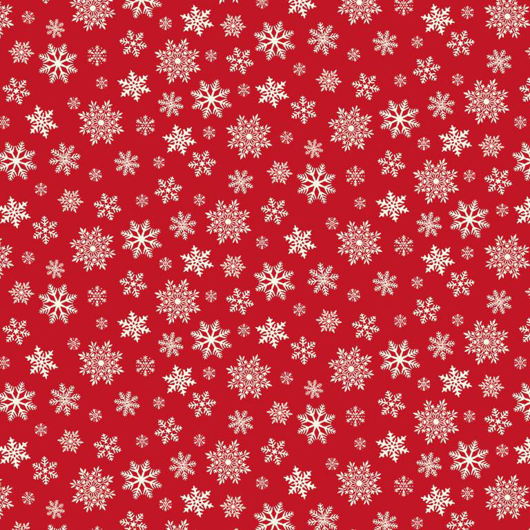 A bright red fabric with scattered white snowflakes in varying sizes and detailed shapes.