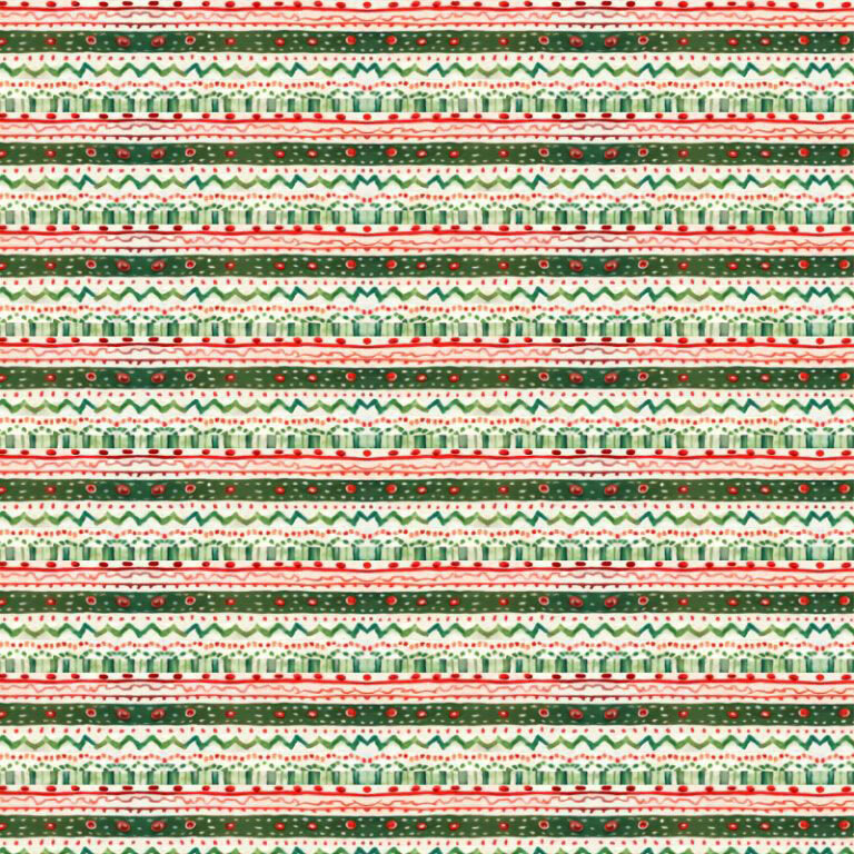 A cream fabric with repeating red and green decorative stripes featuring zigzags, dots, and geometric motifs.