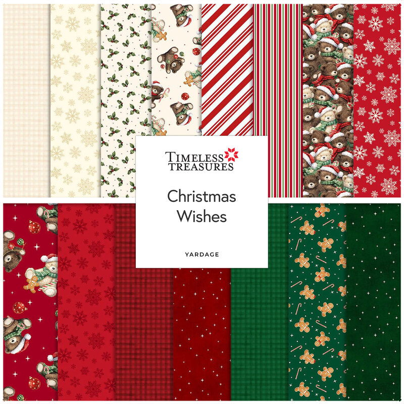 Digital collage of the available yardage fabrics from the Christmas Wishes fabric collection.