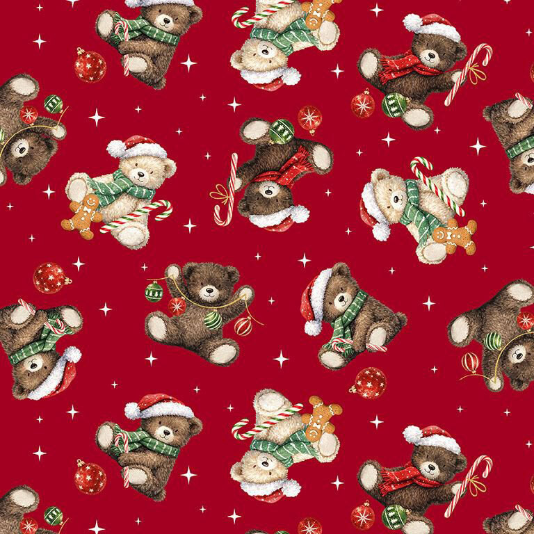 Red fabric with tossed teddy bears on a starry background.
