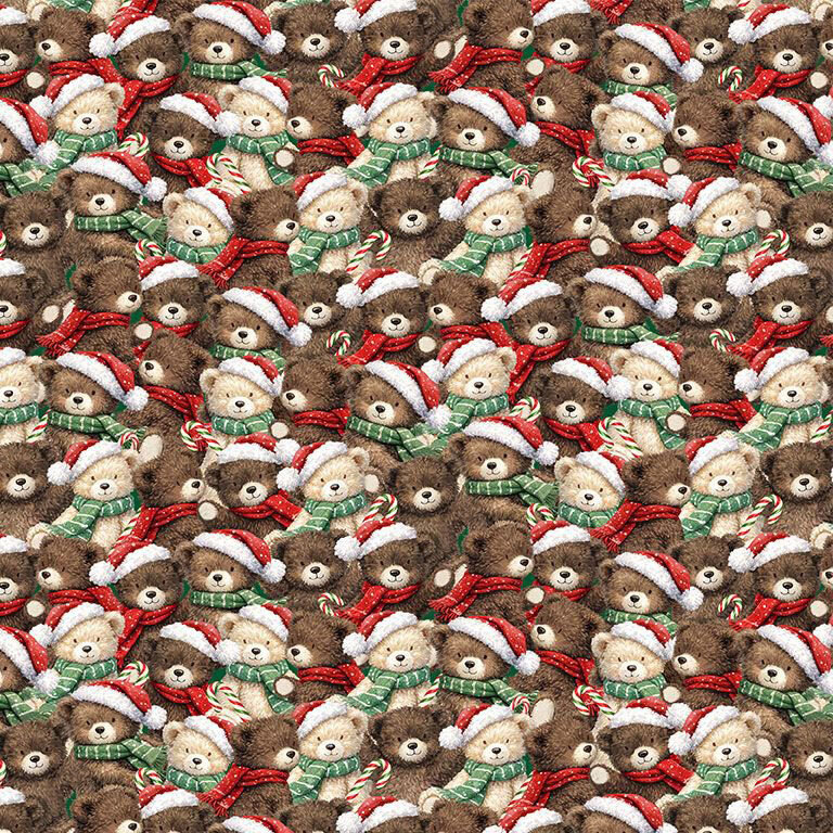 Fabric packed with a design of teddy bears wearing hats and scarves.