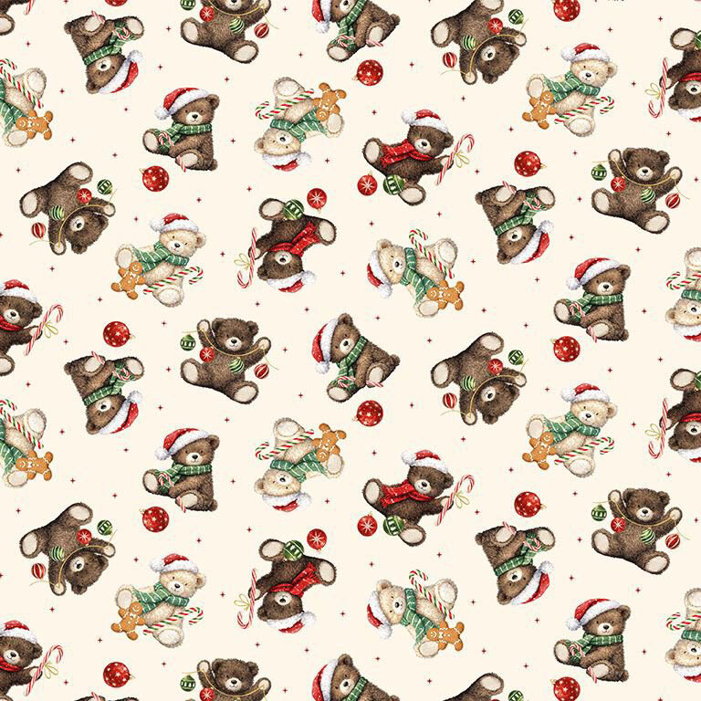 Cream fabric with tossed teddy bears and pinprick dots.