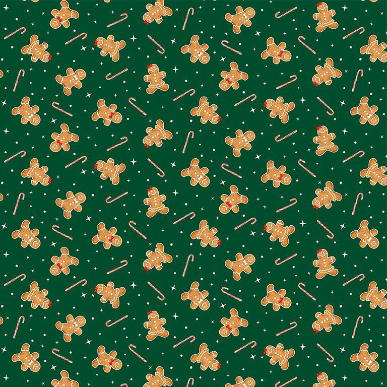 Green fabric with tossed gingerbread men, candy canes, and stars.