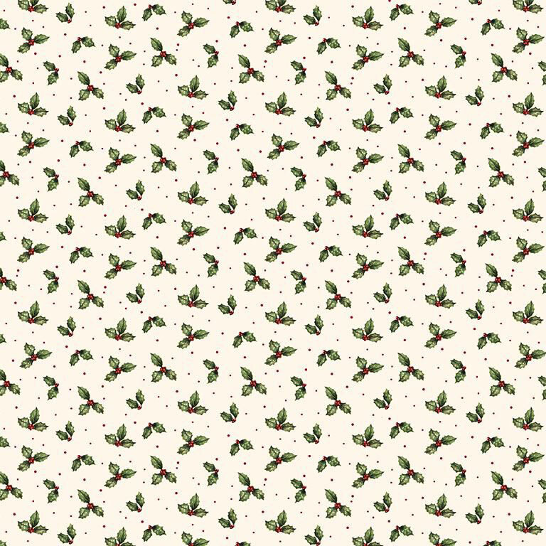 Cream fabric tossed with holly leaves and pinprick dots.