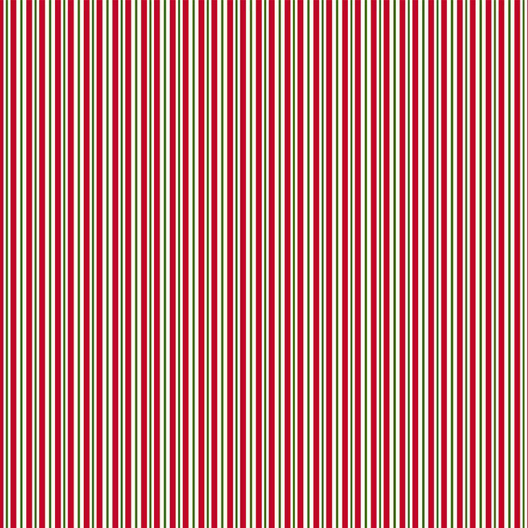 Fabric with thin red, green, and cream stripes.