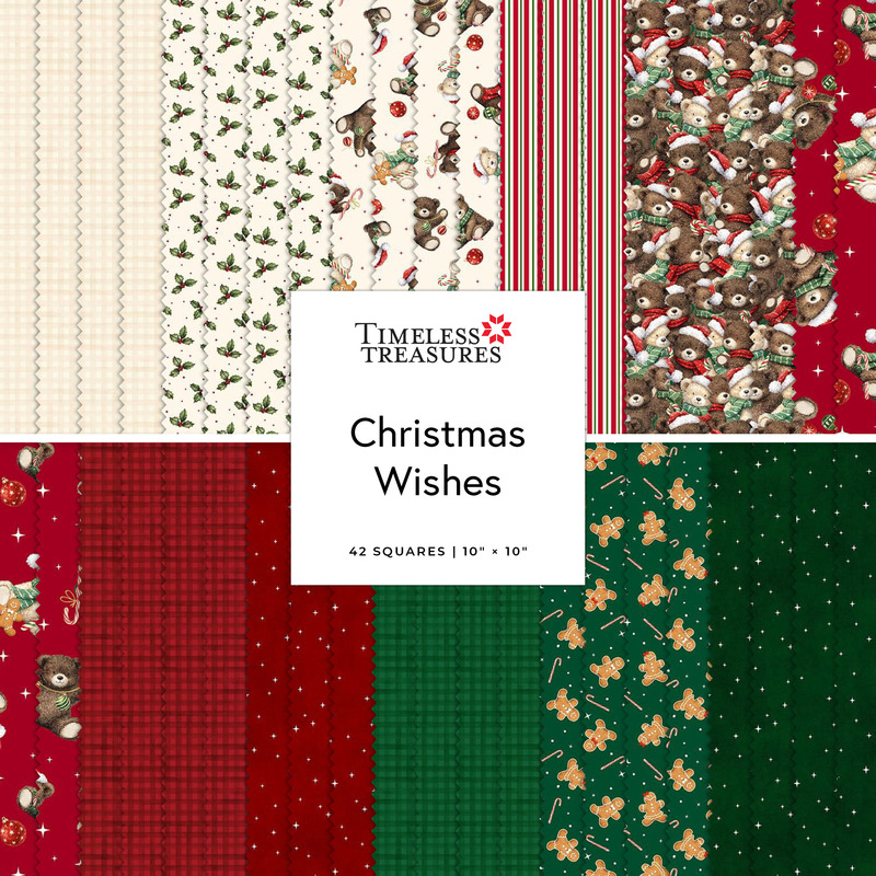 Digital collage of the 10" Square Bundle from the Christmas Wishes fabric collection.
