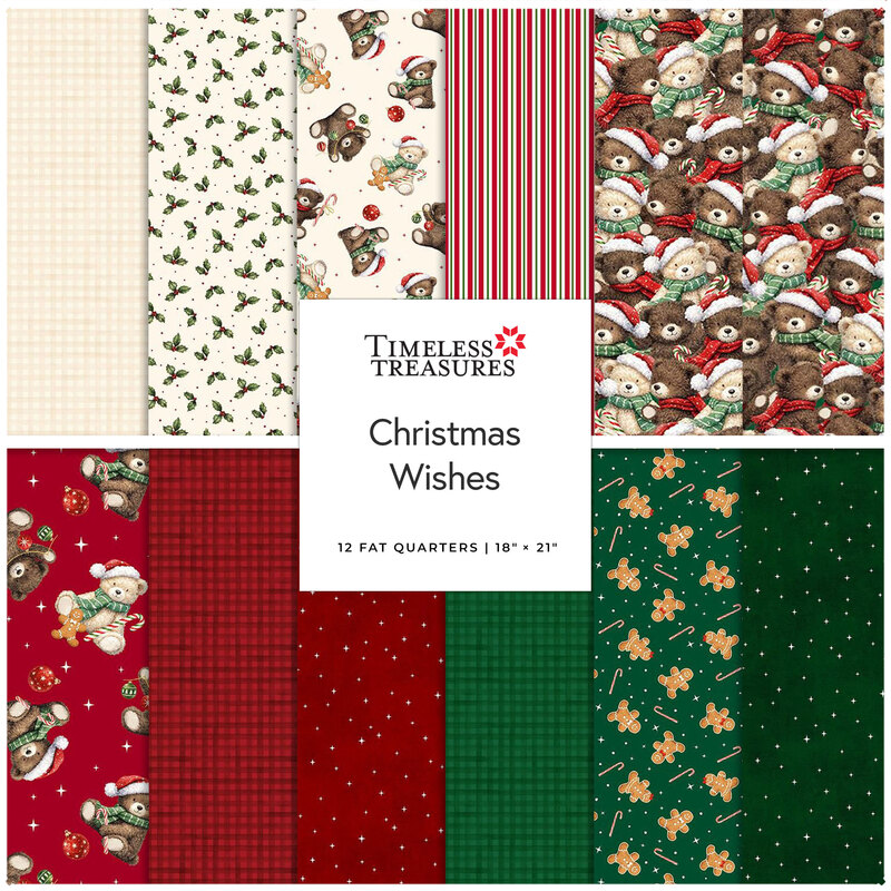 Digital collage of the Fat Quarter Bundle from the Christmas Wishes fabric collection.