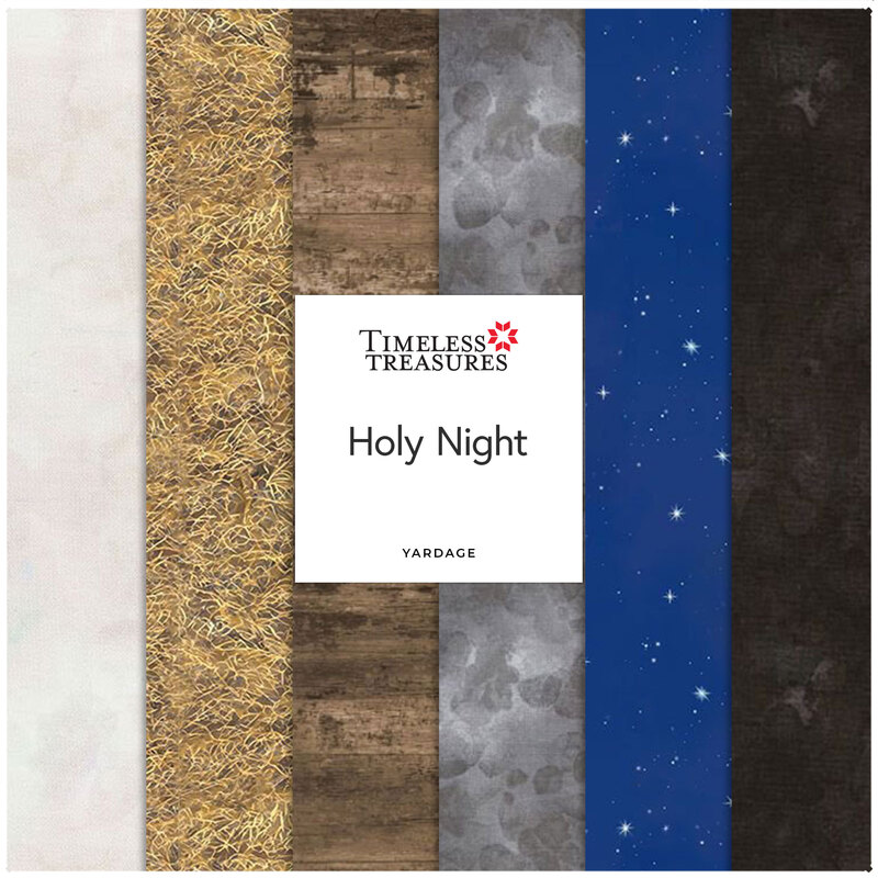A collage of fabrics featured in the Holy Night Collection by Dona Gelsinger for Timeless Treasures Fabrics
