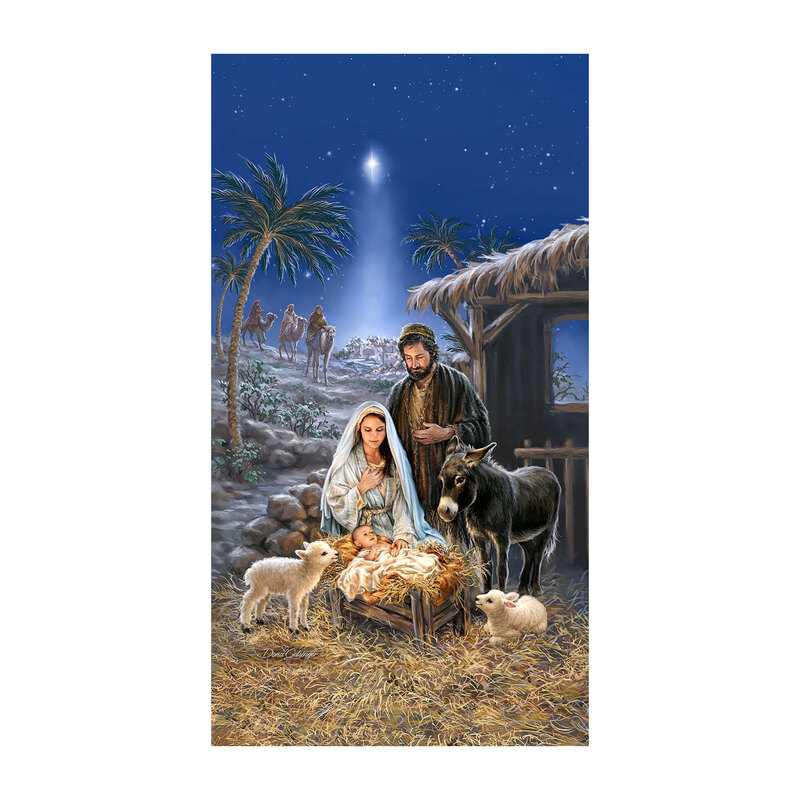 A nativity panel showing Mary and Joseph underneath the Star of Bethlehem looking at baby Jesus, surrounded by animals.