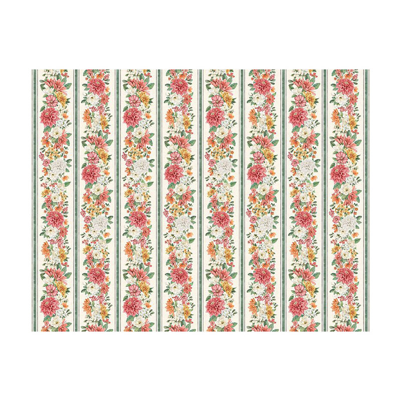 ivory border fabric featuring rows of pink, peach, gold, and white floral blossoms alternating with green stripes.