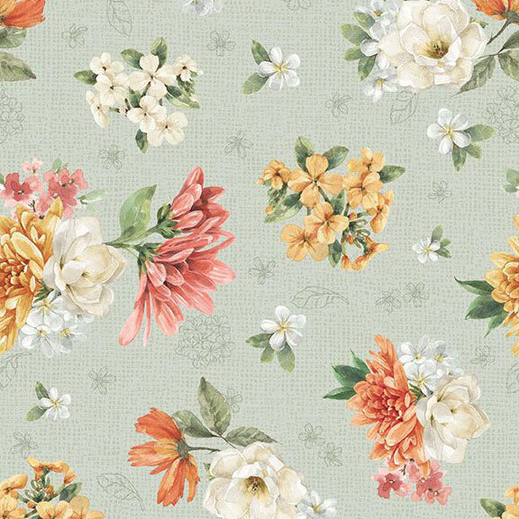 scattered bouquets of pink, coral, golden yellow, and creamy white blossoms accented with soft green foliage and delicate botanical sketches on a subtly textured pale sage green background.