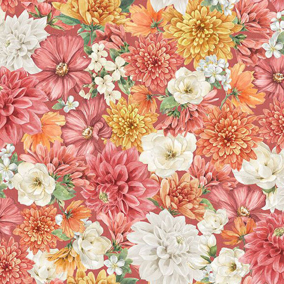 fabric featuring a packed pattern of pink, gold, peach, and creamy white florals, accented with soft green leaves.