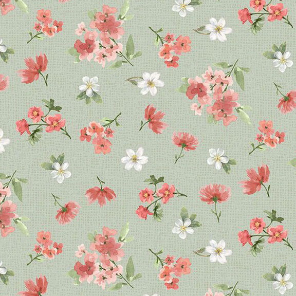 rose and white floral sprigs scattered on a textured cool sage background.