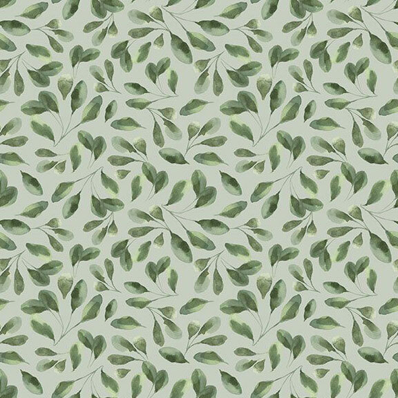 watercolor-styled leafy branches scattered on a cool sage background.