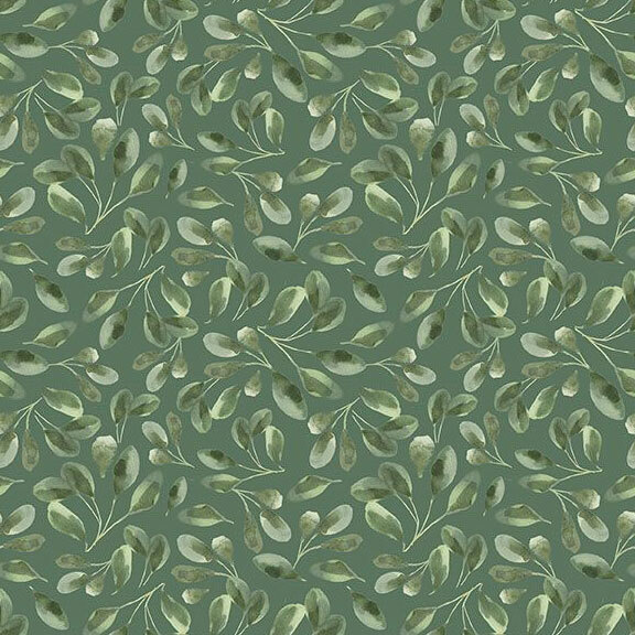 watercolor-styled leafy branches scattered on a dark green background.