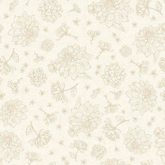 tonal fabric featuring intricate outlines of floral blossoms and leafy sprigs scattered across a subtly textured pale cream background.