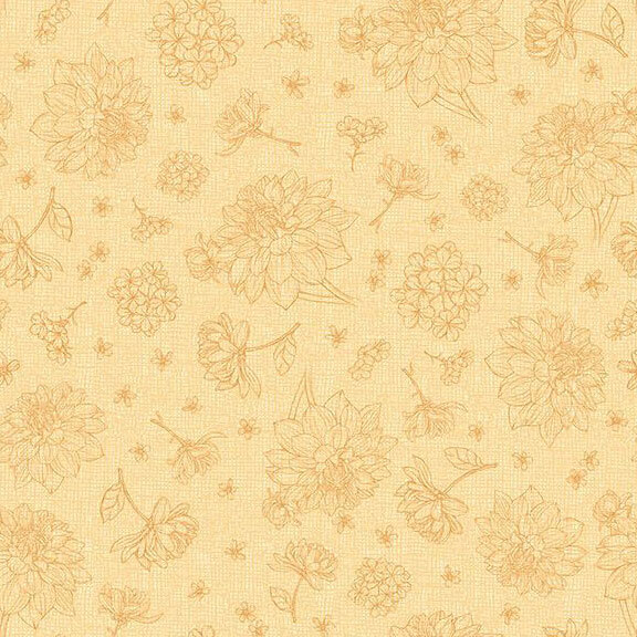 tonal fabric featuring intricate outlines of floral blossoms and leafy sprigs scattered across a subtly textured tuscan yellow background.