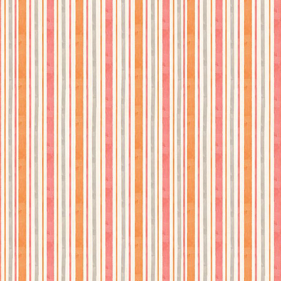 ivory fabric featuring vertical stripes in shades of pink, orange, and light gray in varying widths