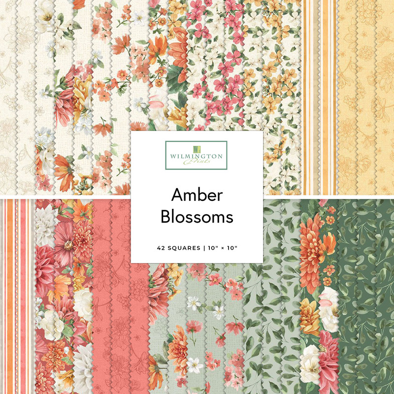 Square collage of floral fabrics from the Amber Blossoms collection.