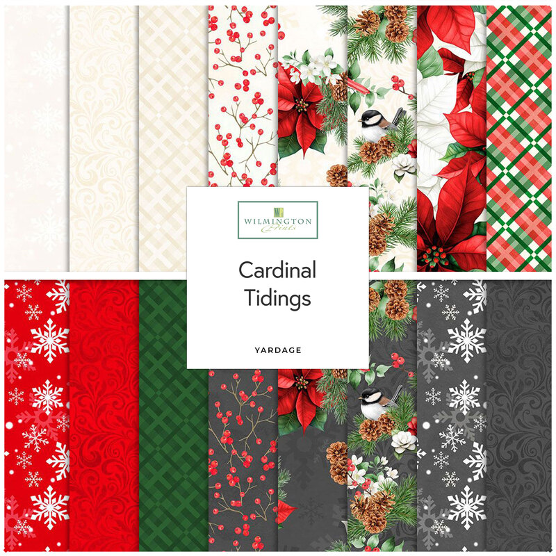 Digital collage of the available yardage fabrics from the Cardinal Tidings fabric collection.