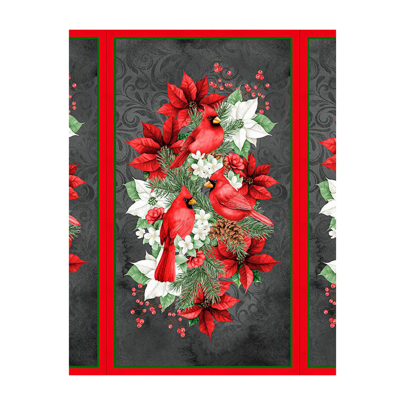 A charcoal panel with a swirled background, with cardinals and red and white poinsettias as its centerpiece.