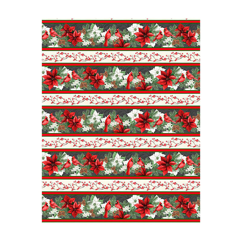 Border stripe fabric with alternating rows of branches of winter berries and cardinals amongst poinsettia flowers.