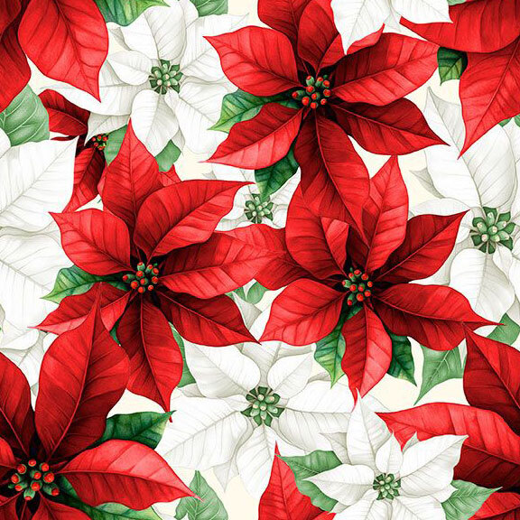Cream fabric with a packed design of large red and white poinsettias.