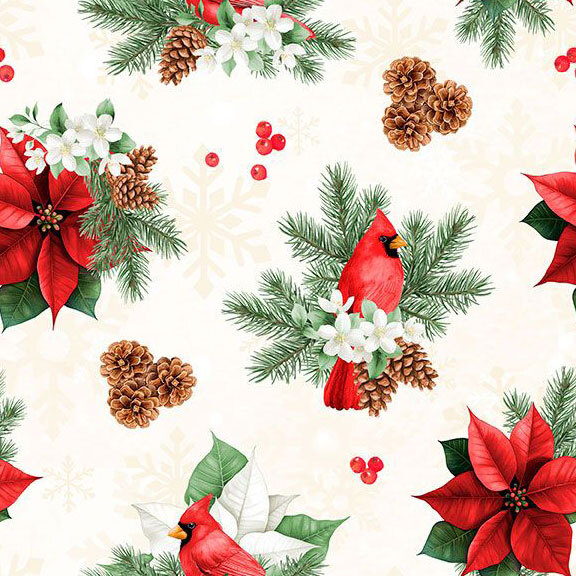 Cream fabric with tossed pinecones, berries, and clusters of pine branches and cardinals on a snowflake background.