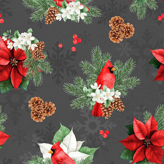 Charcoal fabric with tossed pinecones, berries, and clusters of pine branches and cardinals on a snowflake background.