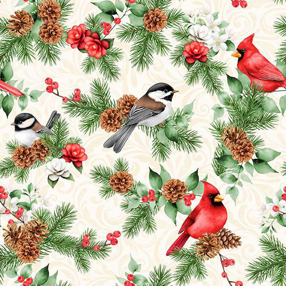 Cream fabric with a swirling background, pine branches, flowers, and birds.