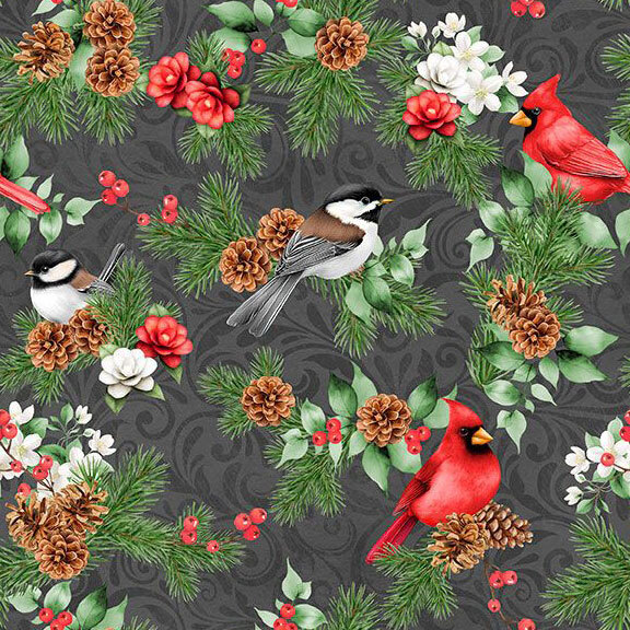 Charcoal fabric with a swirling background, pine branches, flowers, and birds.