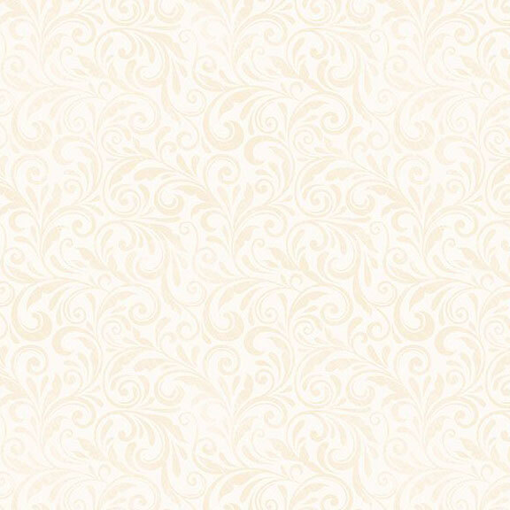 Cream fabric with a tonal, swirling filigree.