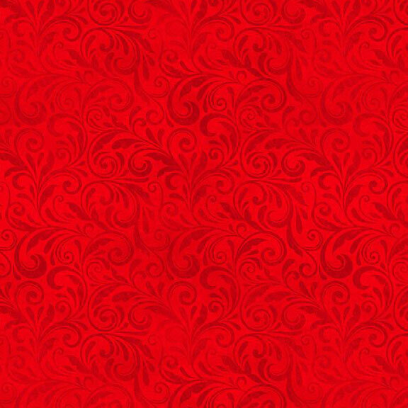 Red fabric with a tonal, swirling filigree.