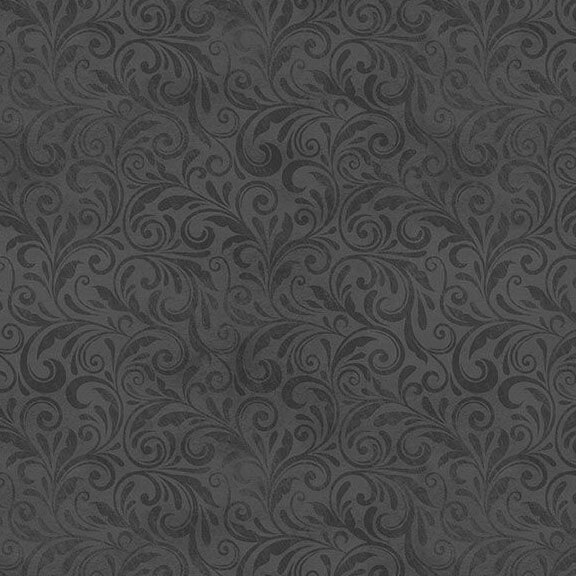 Charcoal fabric with a tonal, swirling filigree.