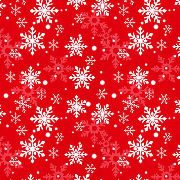 Red fabric with tossed snowflakes.