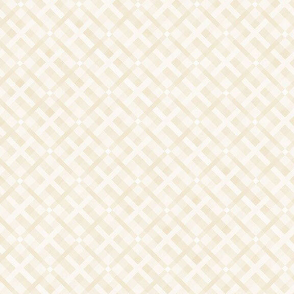Cream fabric with a light, geometric plaid.