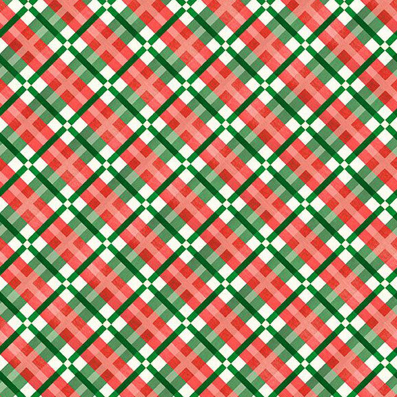 Green, red, and cream fabric with a geometric plaid.
