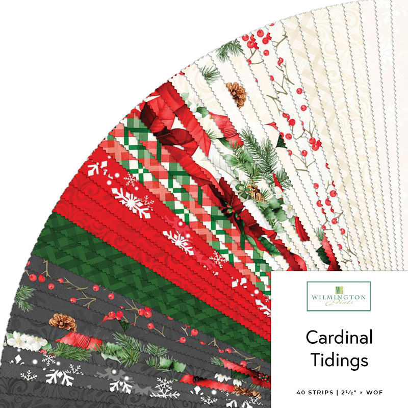 Digital fanned collage of the 2.5" Strip Bundle from the Cardinal Tidings fabric collection.