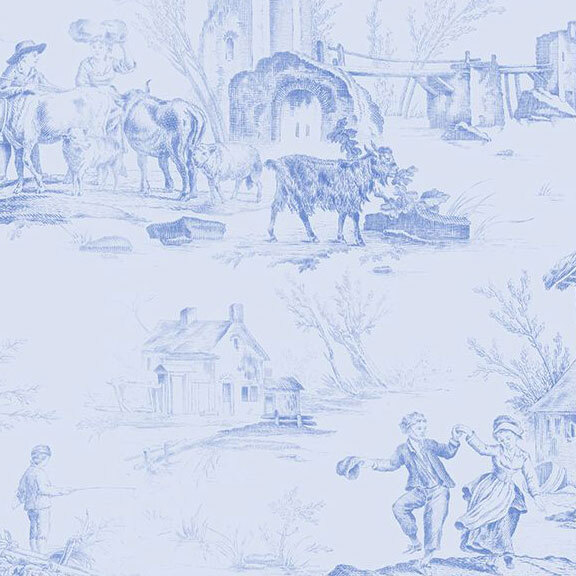 Light blue fabric with various tonal countryside toile scenes.