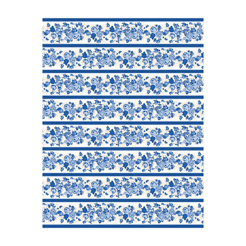 White border stripe fabric with rows of blue roses and other flowers.