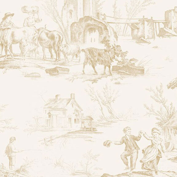 Cream fabric with various tonal countryside toile scenes.