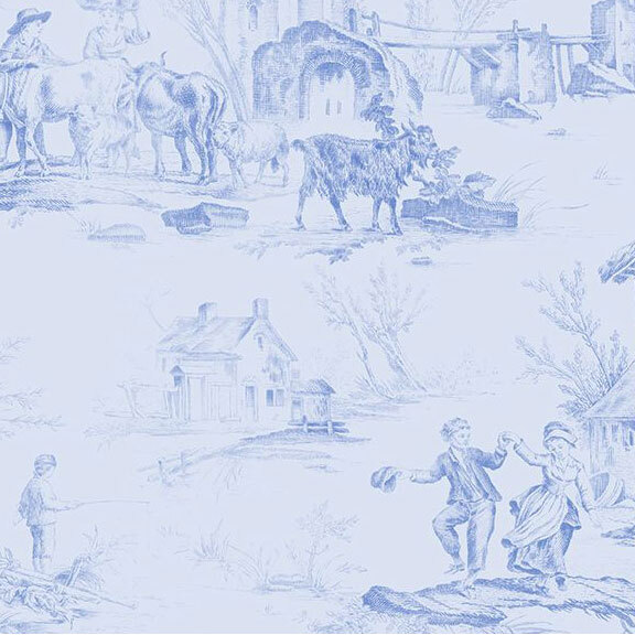 Light blue fabric with various tonal countryside toile scenes.