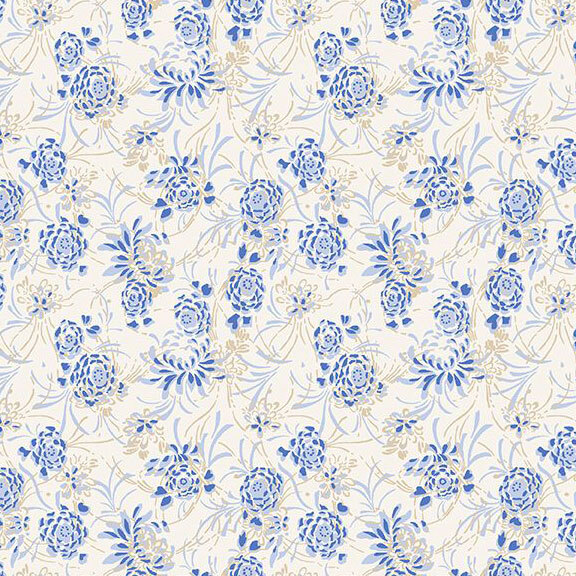 Cream fabric with simplified blue and white florals.