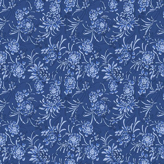 Dark blue fabric with simplified blue florals.