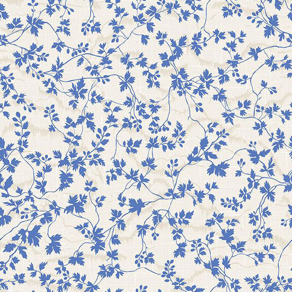 Cream fabric with a tonal, textured background and sprawling blue vines.