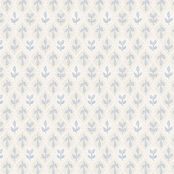 Cream fabric with a scalloped lattice pattern and a blue flower in a pointillism texture.