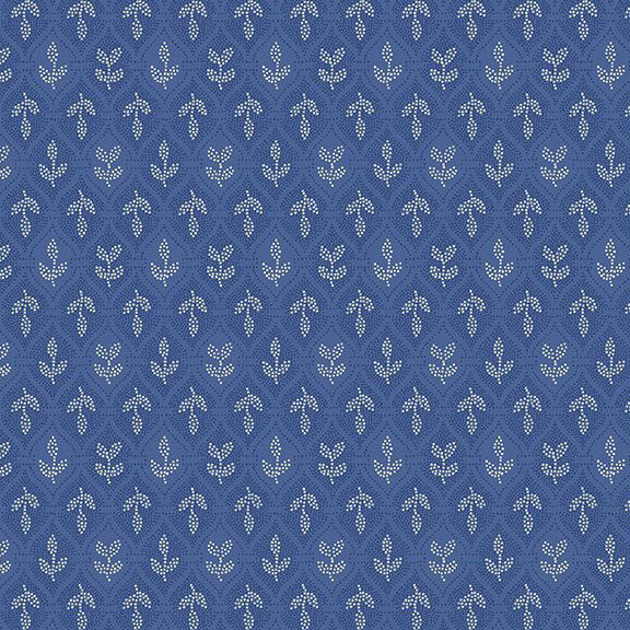 Dark blue fabric with a scalloped lattice pattern and a cream flower in a pointillism texture.