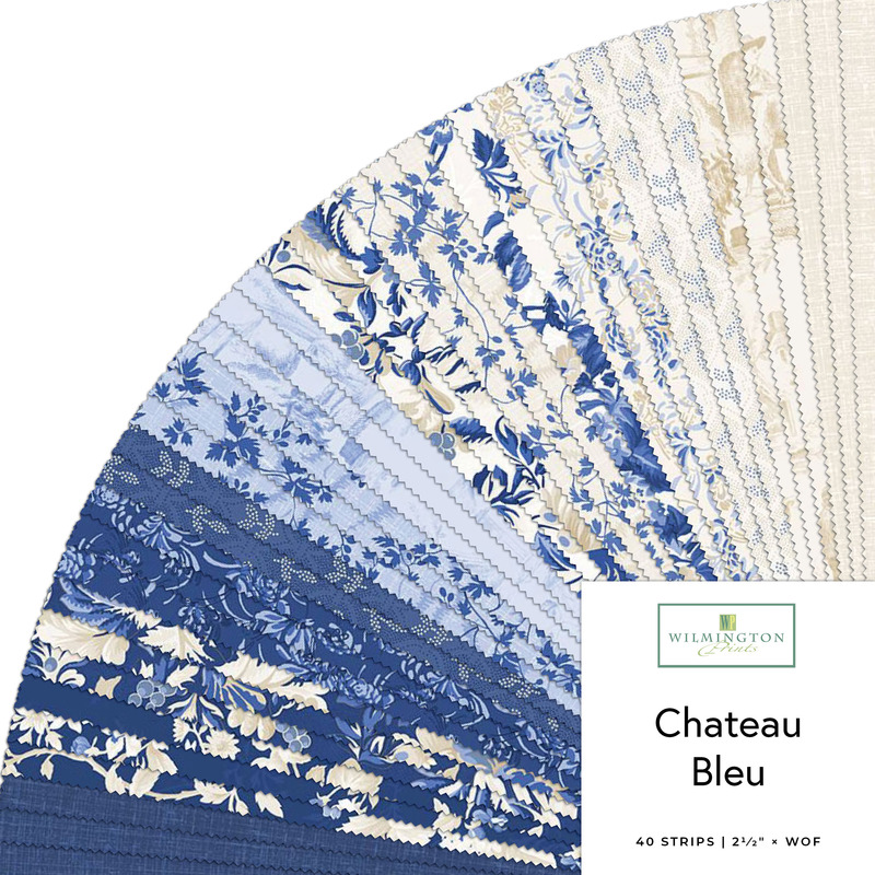 Fanned collage of blue and cream vintage floral fabrics from the Chateau Bleu collection.