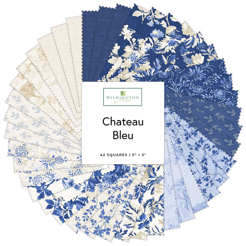 Circular collage of blue and cream vintage floral fabrics from the Chateau Bleu collection.